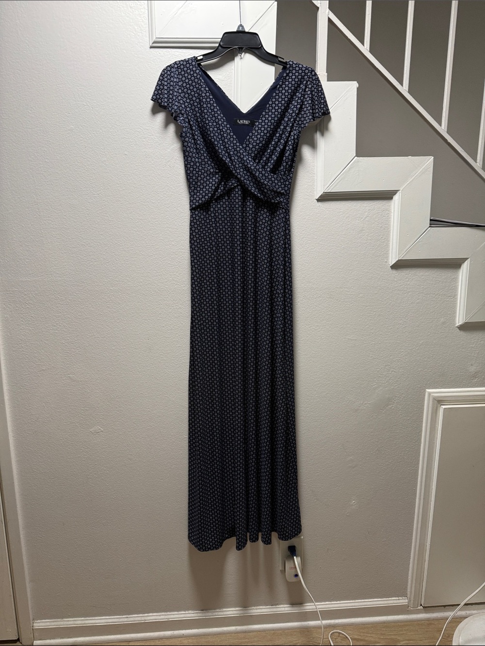 Lauren Ralph Lauren Navy Blue Maxi Dress with Micro Dot Print
